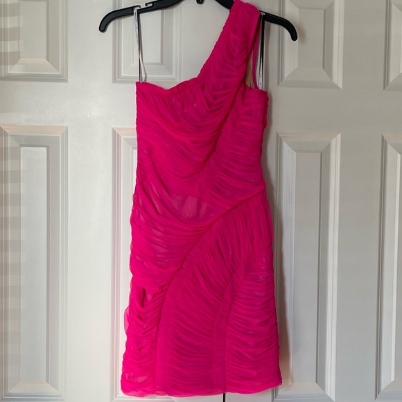 💞NWT HERVE LEGER one-shoulder draped jersey mini dress in neon Pink, size M - Picture 4 of 17